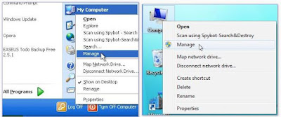 Windows 7, menu contextuel de l'ordinateur. Pour ouvrir Gestion de l'ordinateur, cliquez sur Gérer.