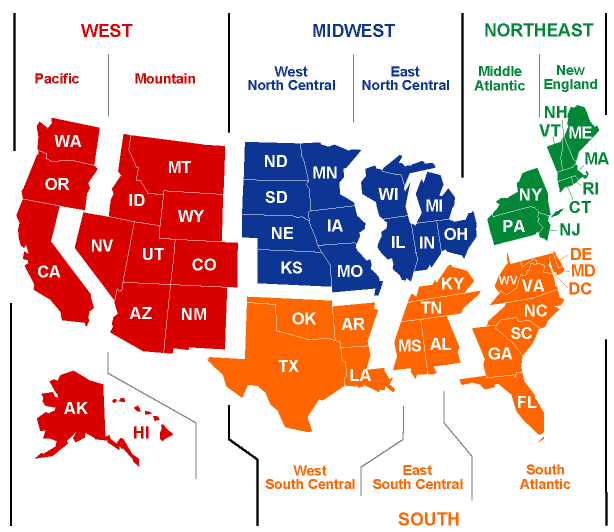 USA Region map east west