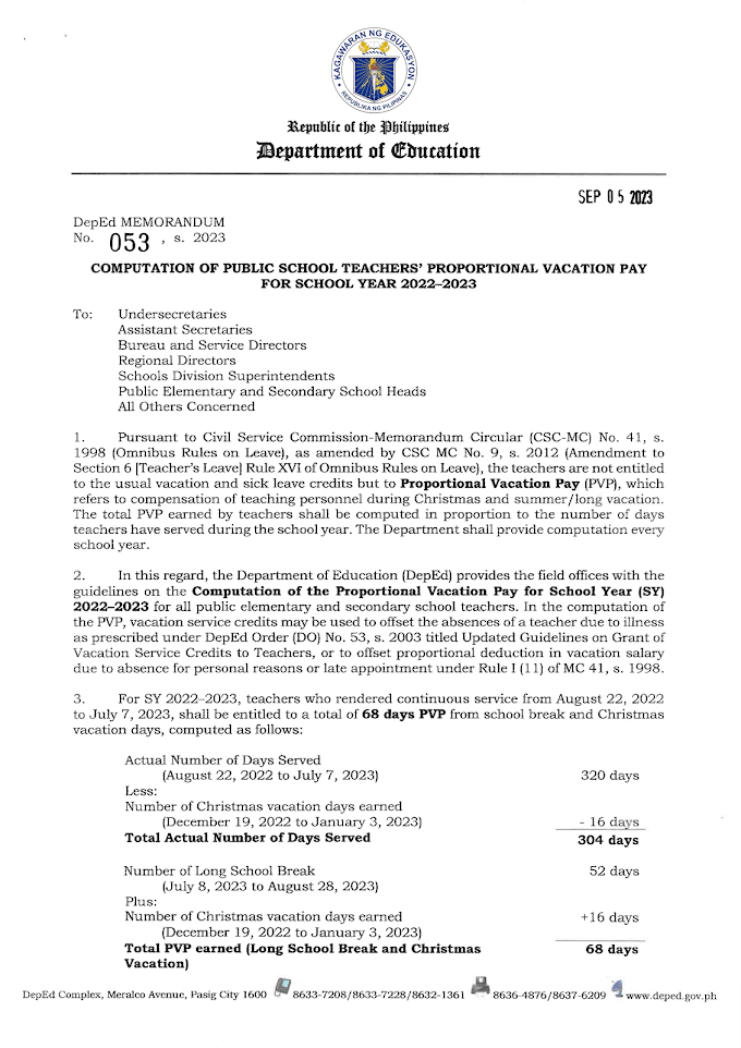 UPDATE: Computation of Public School Teachers’ Proportional Vacation Pay for School Year 2022–2023 | Download the Memorandum Here!