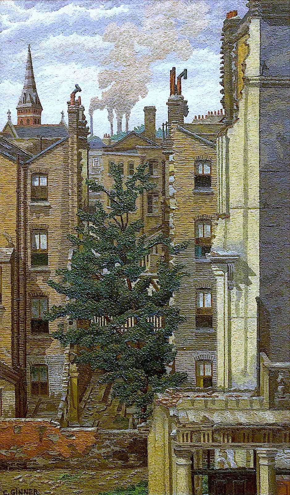 a 1942 Charles Ginner painting of a tree among brick buildings