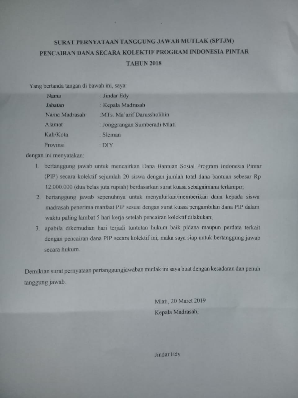 Contoh Surat Pernyataan Tanggung Jawab Mutlak Sptjm Pencairan Dana Program Indonesia Tar
