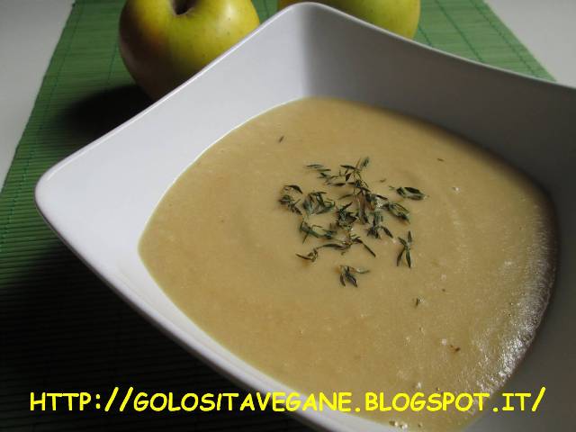 cipolle, mele, miso, panna soia, patate, ricette vegan, timo, vellutata, Zuppe, 