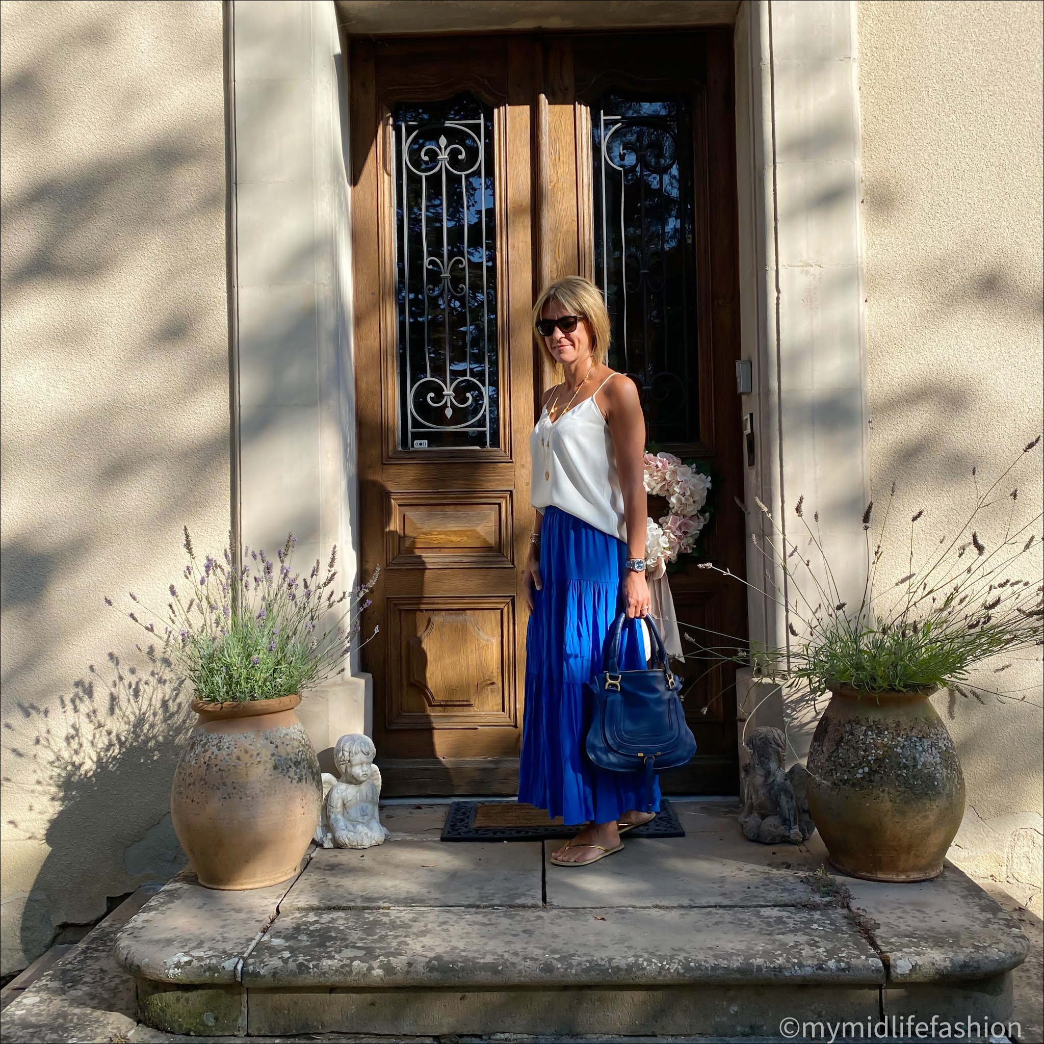 my midlife fashion, tom ford sunglasses, ashiana coin necklace, mango camisole top, h and m bright blue long skirt, Chloe marcie bag, Carvela leather thong sandals