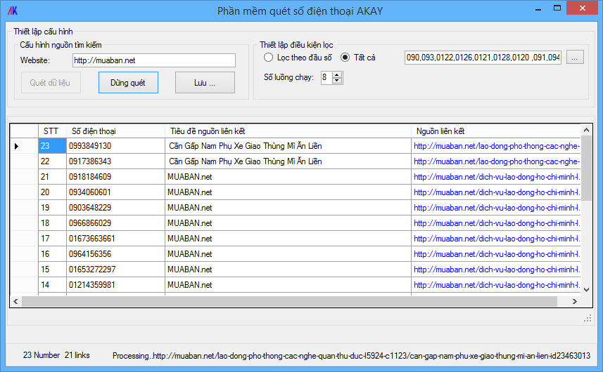 Phần mềm quét Số điện thoại từ Website và diễn đàn AKay