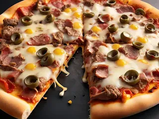 Delicious Beef Pizza topped with seasoned ground beef, bell peppers, black olives, and melted mozzarella cheese, garnished with fresh basil leaves.