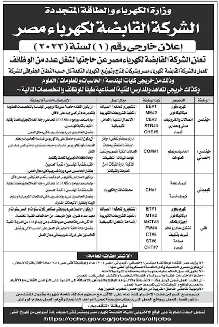 المسابقة الاكبر بوزارة الكهرباء للحاصلين على كليات الهندسة والحاسبات والمعلومات والعلوم وكذلك خريجى المعاهد والمدارس الفنية الصناعية