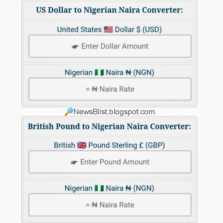 NewsBlist: Naira Exchange Rate Converter - Conversion of United States USD Dollar and British GBP Pound Sterling to Nigerian NGN Naira at CBN Rates - Nigeria Currency Calculator