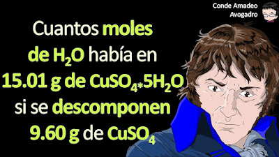 (Química-Chang13-problema-3.73) Cada unidad de sulfato de cobre(II) está asociada a cinco moléculas de agua en el compuesto cristalino sulfato de cobre(II) pentahidratado (CuSO4*5H2O). Cuando este compuesto se calienta en aire por encima de 100°C pierde las moléculas de agua y también su color azul: CuSO4*5H2O → CuSO4 + 5H2O. Si quedan 9.60 g de CuSO4 después de calentar 15.01 g del compuesto azul, calcule el número de moles de H2O que había originalmente en el compuesto.