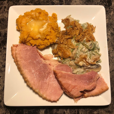 Christmas ham, mashed sweet potatoes and green bean casserole