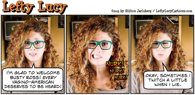 lefty lucy, liberal, progressive, political, humor, cartoon, stilton jarlsberg, conservative, clueless, young, red hair, green glasses, cute, democrat, busty ross, war on women, hillary, vagino-american