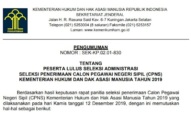 Pengumuman Hasil Seleksi Administrasi CPNS Tahun 2019 Kementerian Hukum dan Hak Asasi Manusia 