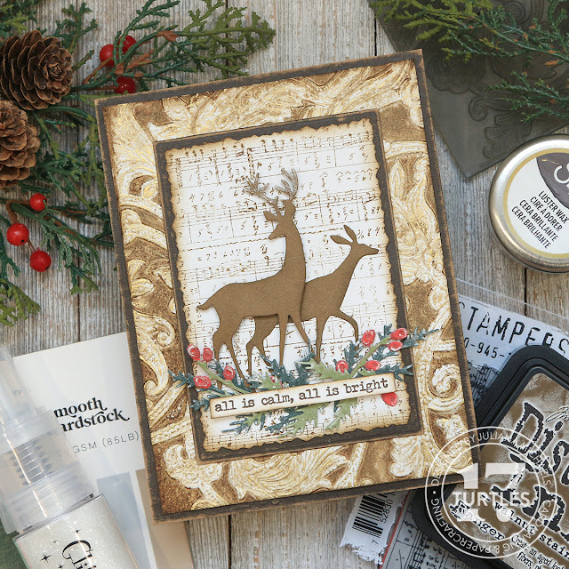 All Is Calm Christmas Card by Juliana Michaels featuring Tim Holtz Embossing Folder, Distress Ink, Sizzix Luster Wax, and Rocky Candy Glitter.