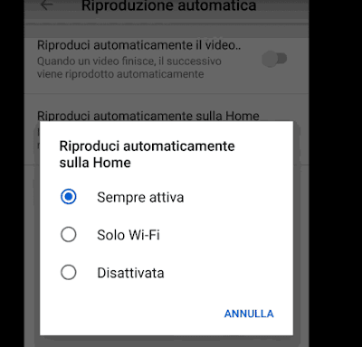 Disattivare riproduzione automatica video Youtube Home