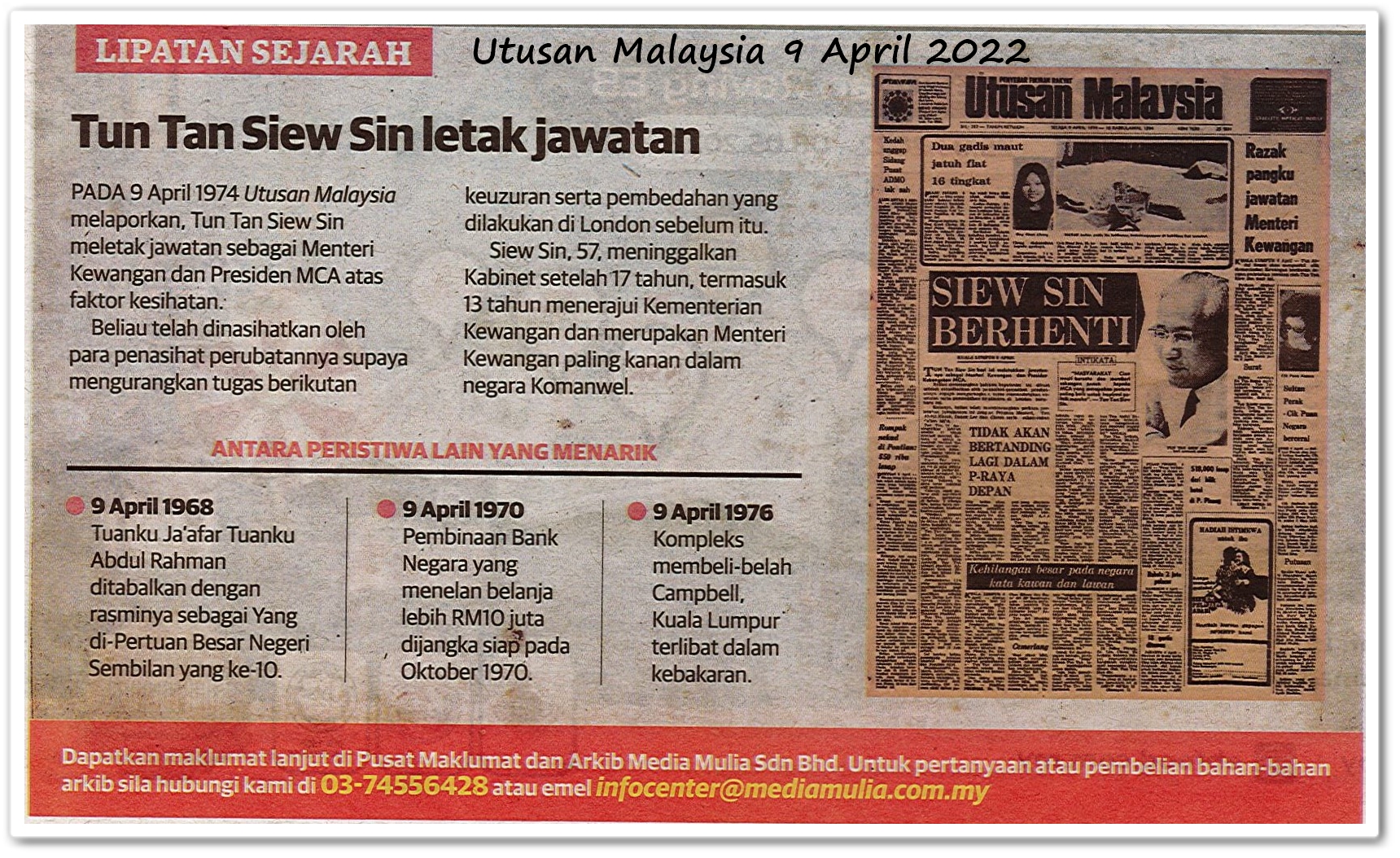 Lipatan sejarah 9 April - Keratan akhbar Utusan Malaysia 9 April 2022