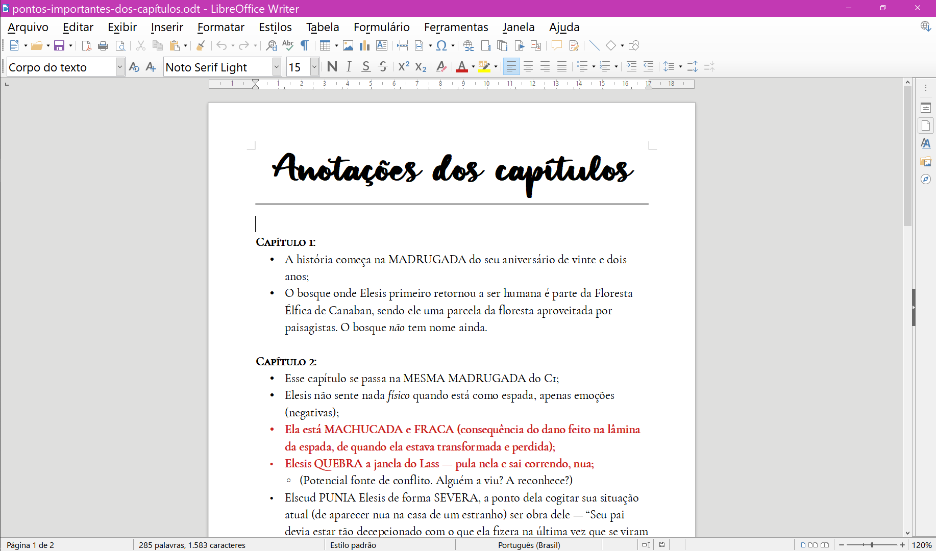 Screenshot do LibreOffice Writer onde a autora do post mostra o documento com as anotações dos seus capítulos.