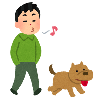 リードなしで犬を散歩させる人のイラスト