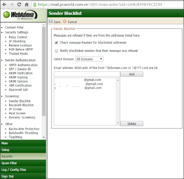 Thiết lập danh sách email, domain không cho phép gửi đến MDaemon