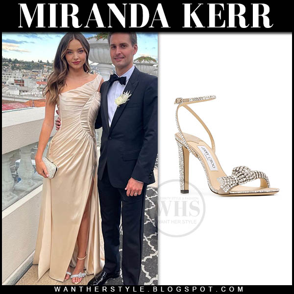 Miranda Kerr in cream satin one shoulder gown and crystal sandals