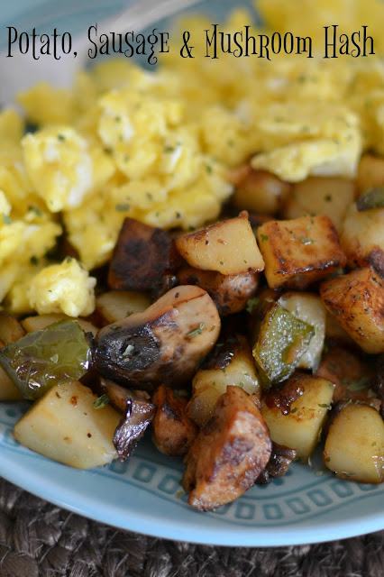Potato, Sausage and Mushroom Fried Breakfast Hash Recipe from Hot Eats and Cool Reads! Great for breakfast, brunch, lunch or dinner! Ready in less than 30 minutes including prep time! Serve with scrambled eggs on the side or a delicious over easy egg on top!