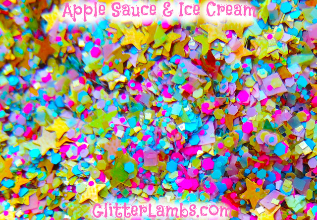 Glitter Lambs "Apple Sauce & Ice Cream" loose glitter mix has an assorted mix of holographic stars, micro pink and blue hex, yellow hex, lime green shreds, light pink shreds, and gold holographic square glitters.