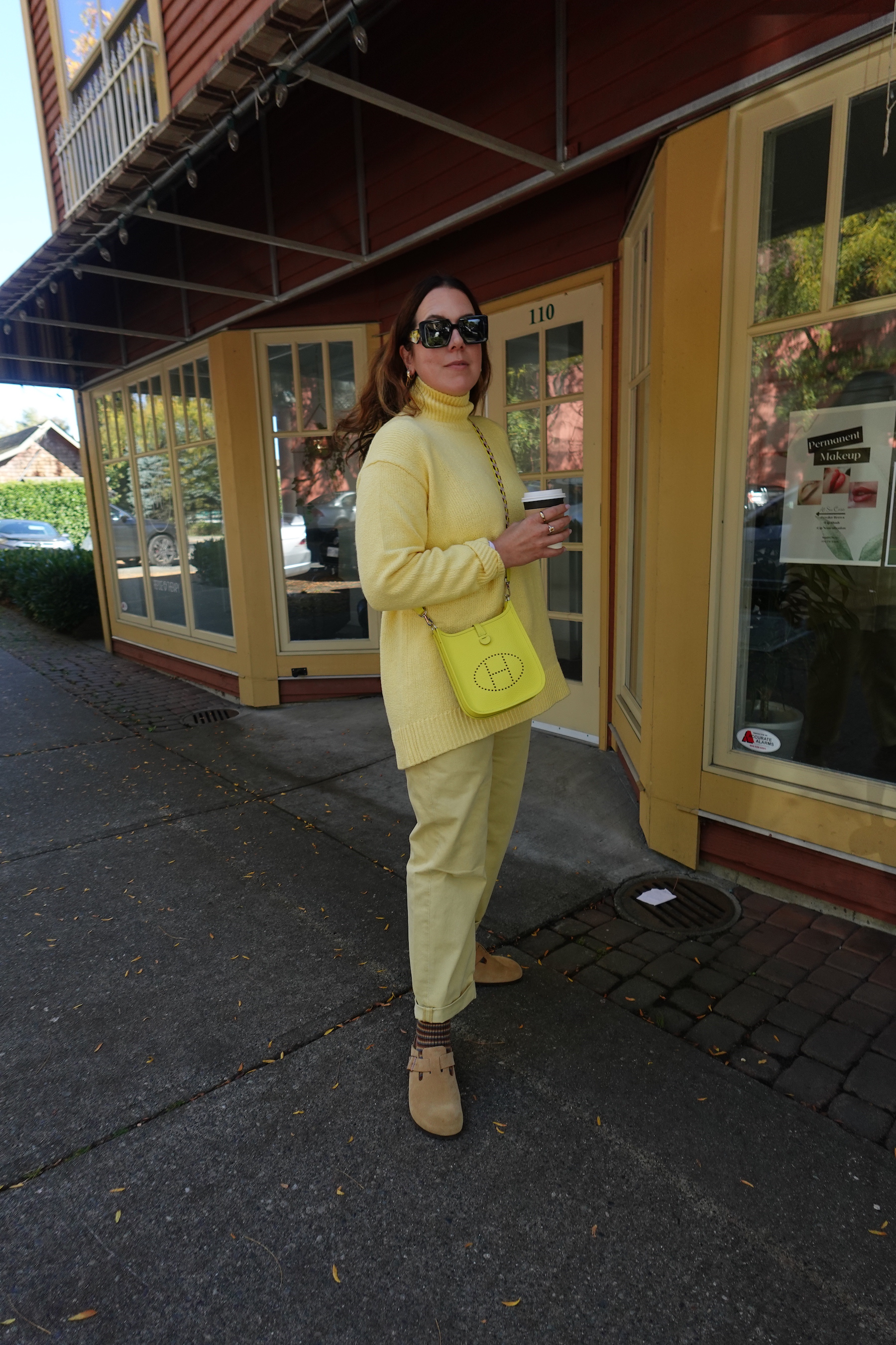 fall sweater outfit monochrome yellow uniqlo c cos  hermes evelyne tpm