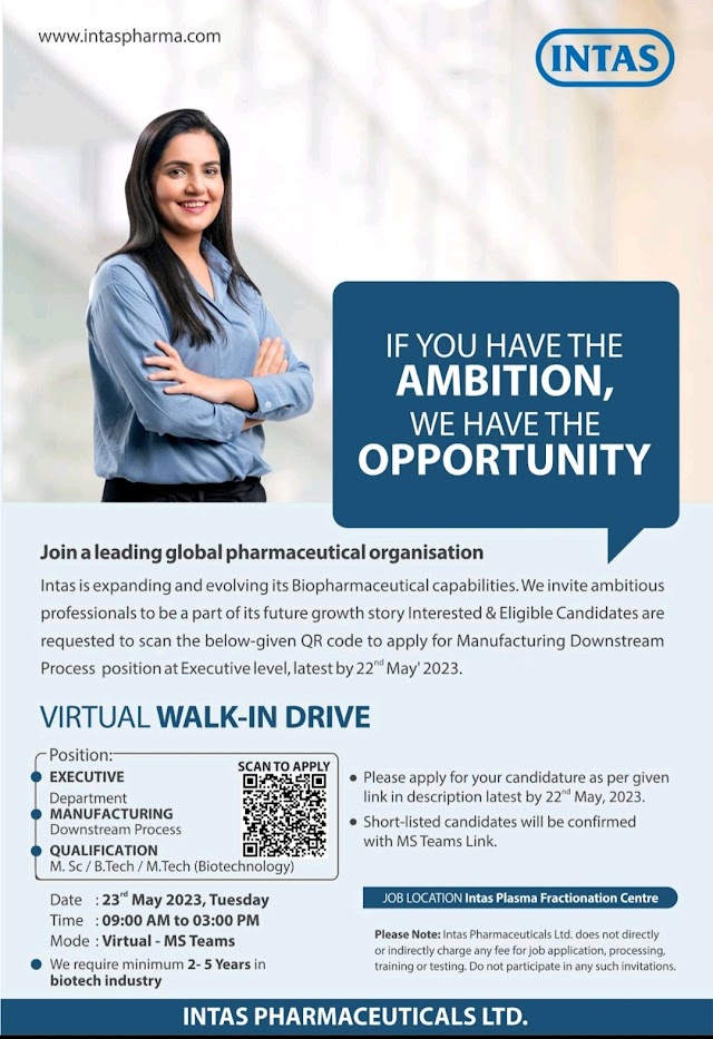 Intas Pharmaceuticals | Virtual Walk In Drive for Plasma Fractionation Unit on 23rd May 2023