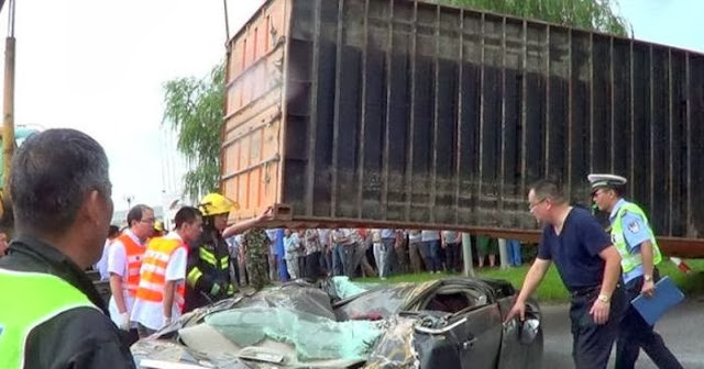 Woman Miraculously Survives After Container Falls onto Her Car