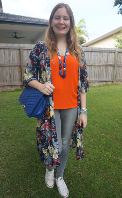 orange cami, grey skinny jeans, converse, floral duster, cobalt jumbo love bag | awayfromblue