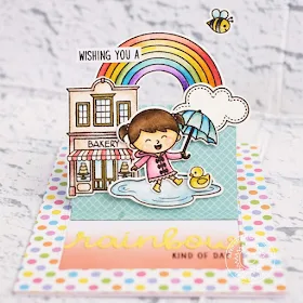 Sunny Studio Stamps: Over The Rainbow Rainbow Word Die Froggy Friends Rain Or Shine Sliding Window Dies Rainbow Themed Cards by Lexa Levana