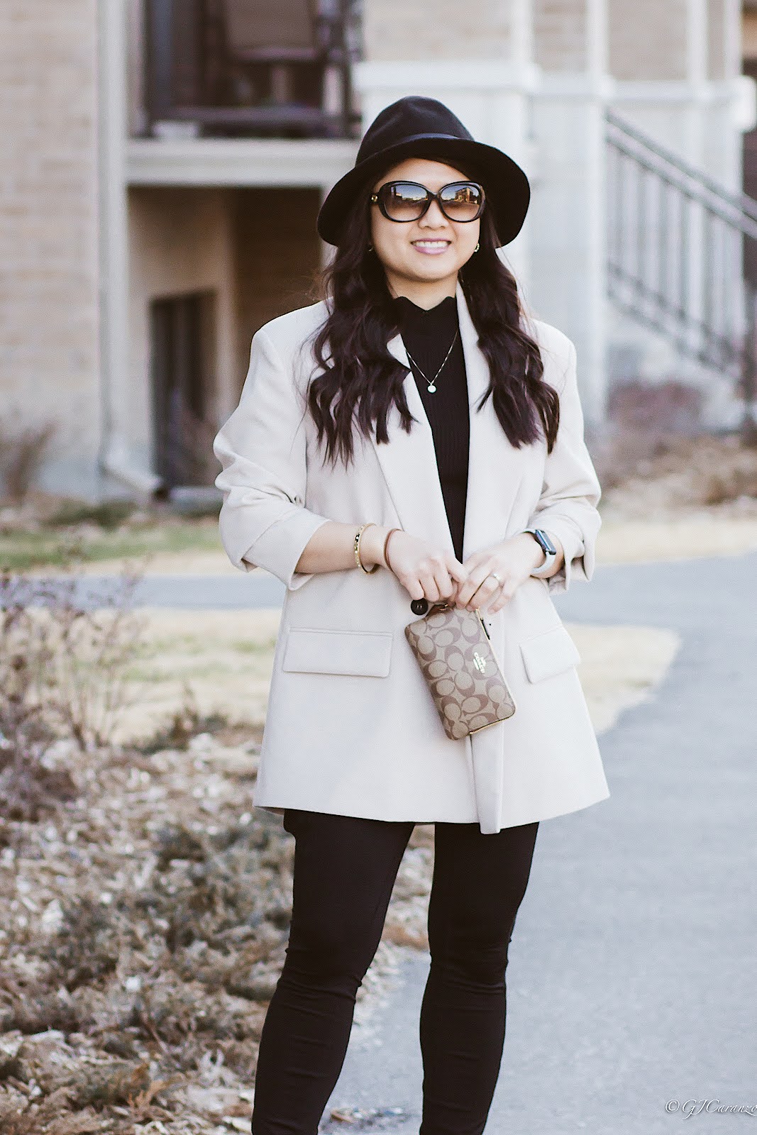 Zara Oversized Blazer_Tights_Steve Madden Suede Booties_Gucci Sunglasses_HM Hat_Coach Wrislet_Petite Fashion_Spring Outfit_Neutral Outfit_Chic Look