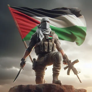 Gambar Pejuang Palestina Keren Membawa Senjata dan Latar Belakang Bendera Palestina Posisi Siap Menyerang dan Melindungi Tanah Airnya