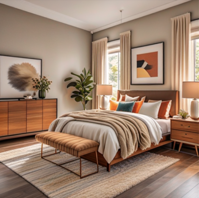 Mid Century bedroom features a cozy and inviting atmosphere with beige walls, wood floors, and a fluffy rug.