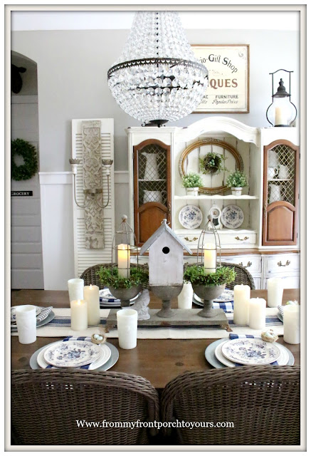 French Country Farmhouse-Dining Room-Bird Nests-Spring Decor-Vignette-Blue and White-Buffalo Check-French Farmhouse-Mia Chandelier-Pottery Barn-From My Front Porch To Yours