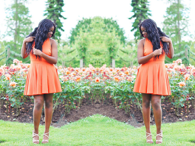 orange halterneck boohoo dress 