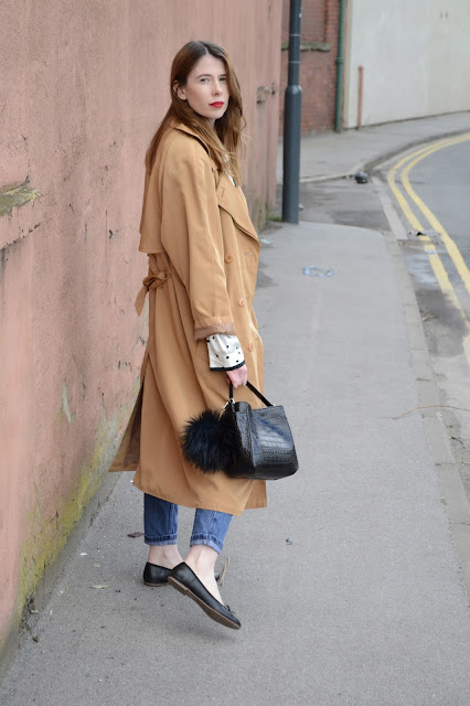 Parisian street style, Simple black and white silk shirt from a Charity shop, Vintage trench, Topshop high waisted mom jeans, Black Ballet pumps, Zara Croc effect black bag.
