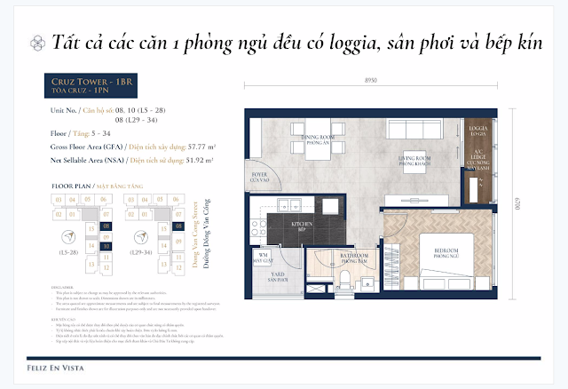 mặt bằng căn hộ 1 phòng ngủ tháp Cruz dự án căn hộ Feliz En Vista