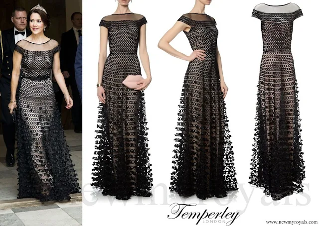 Crown Princess Mary wore Temperley London Black Textured Long Trellis Gown. (Shortened)
