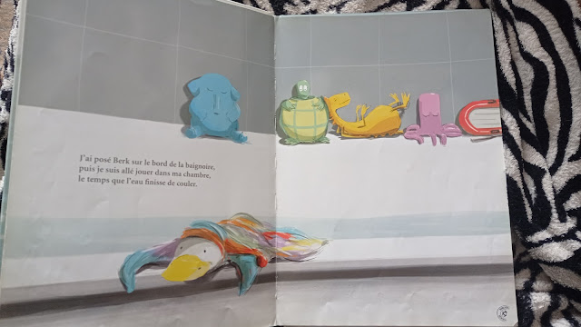 Le bain de Berk, livre pour enfant sur une aventure super drôle où le doudou tombe à l'eau et sera aidé de ses amis, de Julien Beziat, Ed Pastel École des Loisirs