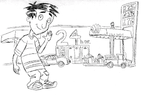 Boy in front of gas station store