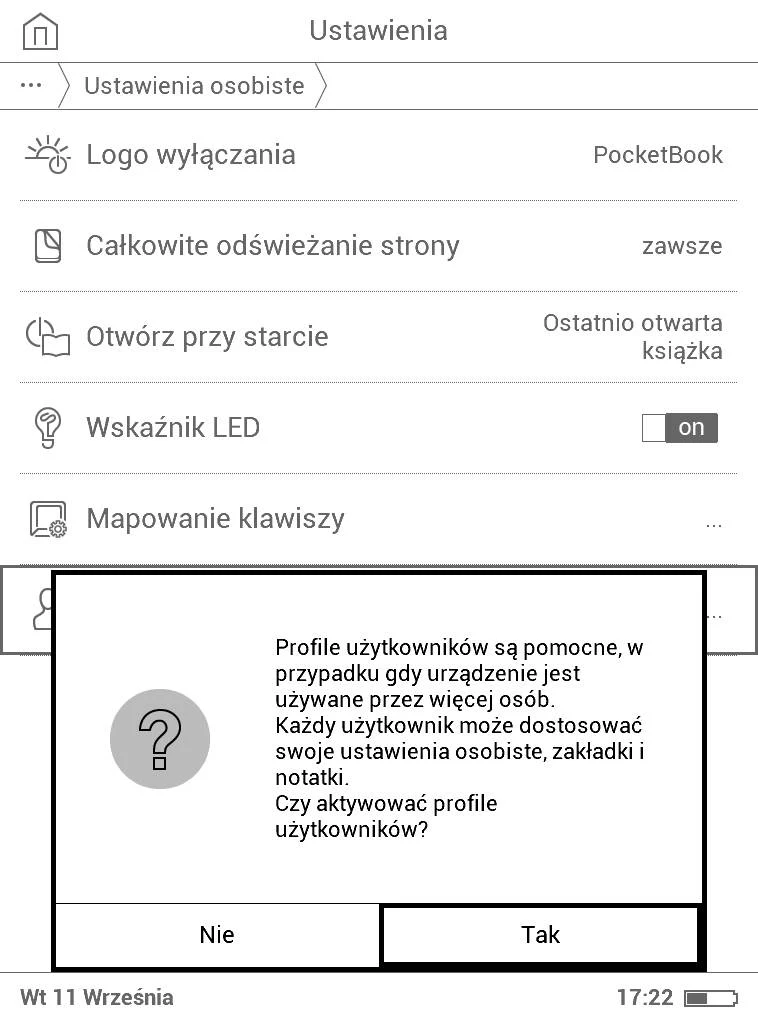 PocketBook Basic Lux 2 – komunikat pojawiający się po wejściu w profile użytkowników