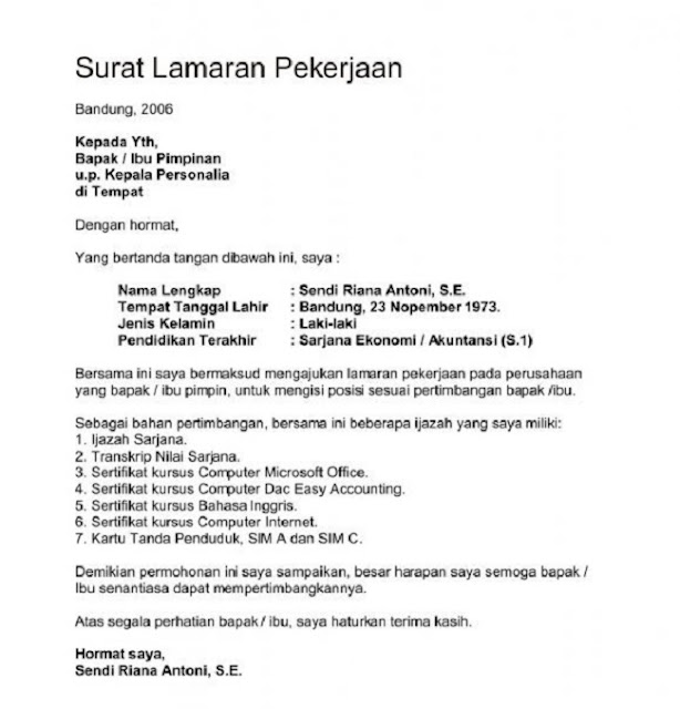 Format surat lamaran kerja