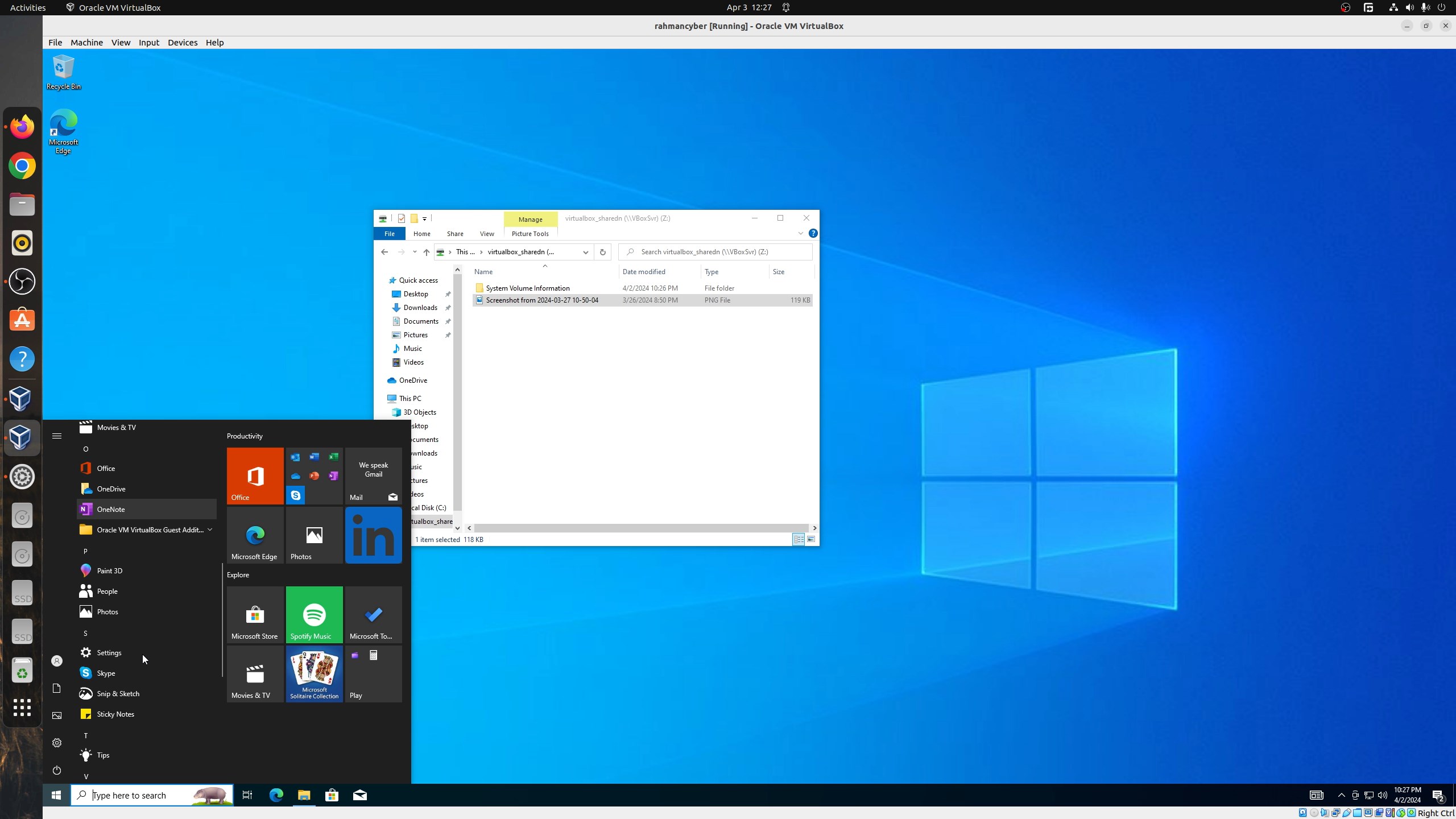 virtualbox linux run windows 10