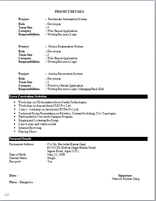 Resume format for bpo jobs samples