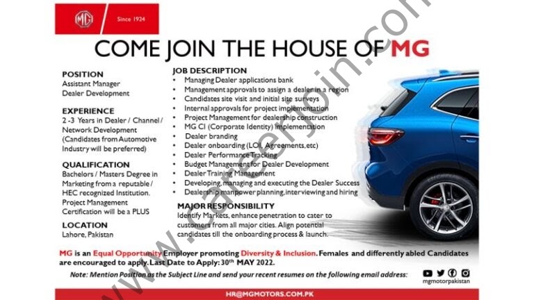 MG Motors Jobs May 2022