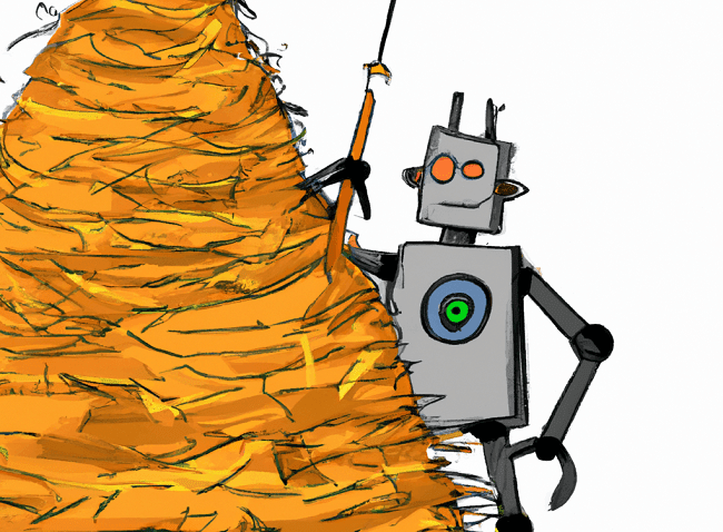 An AI image of a robot finding a needle in a haystack