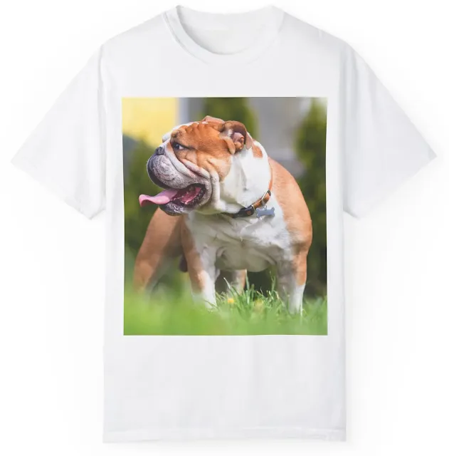 Unisex Garment Dyed Comfort Colors T-Shirt With Giant Pale Tan and White English Bulldog in the Backyard