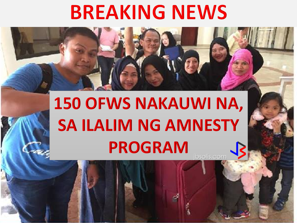 150 OFWs who are undocumented flew back home on April 16, 2017 via Philippine Airline. They are expected to arrived on April 17, 2017 at  3:30 Am. They are the undocumented OFWs who availed the amnesty program given by the Saudi government. List of 150 Undocumented OFWs repatriated under the Amnesty program of Saudi Arabia.  They will arrived at NAIA Terminal1 with these identifications.