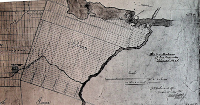 Map of Nepean Township with the Ottawa River across the top and the Rideau River cutting diagonally from upper right to centre middle. Nepean Township forms roughly a square in the southwest corner of where these rivers meet, divided into stripes representing the about 25 Lots (east-west) and nine or so Concessions (north south). Along the Ottawa River, this pattern is rotated 90 degrees, and where the Ottawa and Rideau rivers meet, the area nearest the Rideau River receives the alignment of the Rideau River's lots.