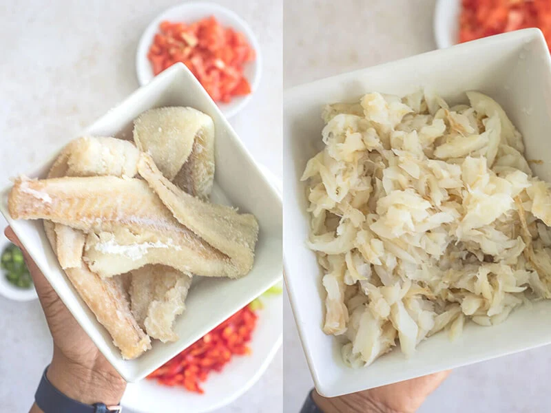 A collage of two pictures, one is saltfish with salt, the other is after the removal of the salt.