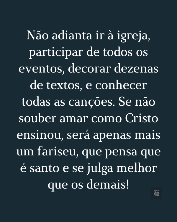 frase: Não adianta ir à igreja, participar de todos os eventos, decorar dezenas de textos, e conhecer todas as canções. Se não souber amar como Cristo ensinou, será apenas mais um fariseu, que pensa que é santo e se julga melhor que os demais!